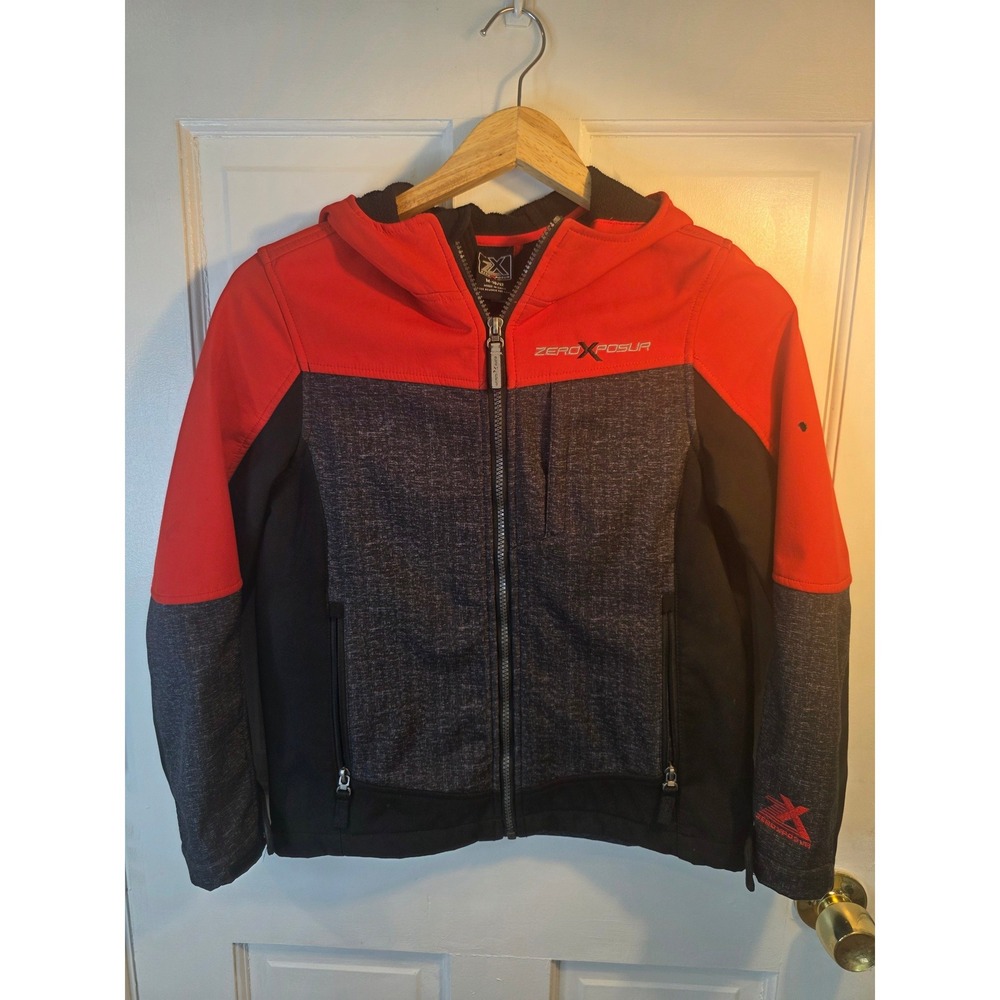 ZeroXposur Boys Softshell Jacket Red Black Heathered Grey Hooded Size M 10/12
